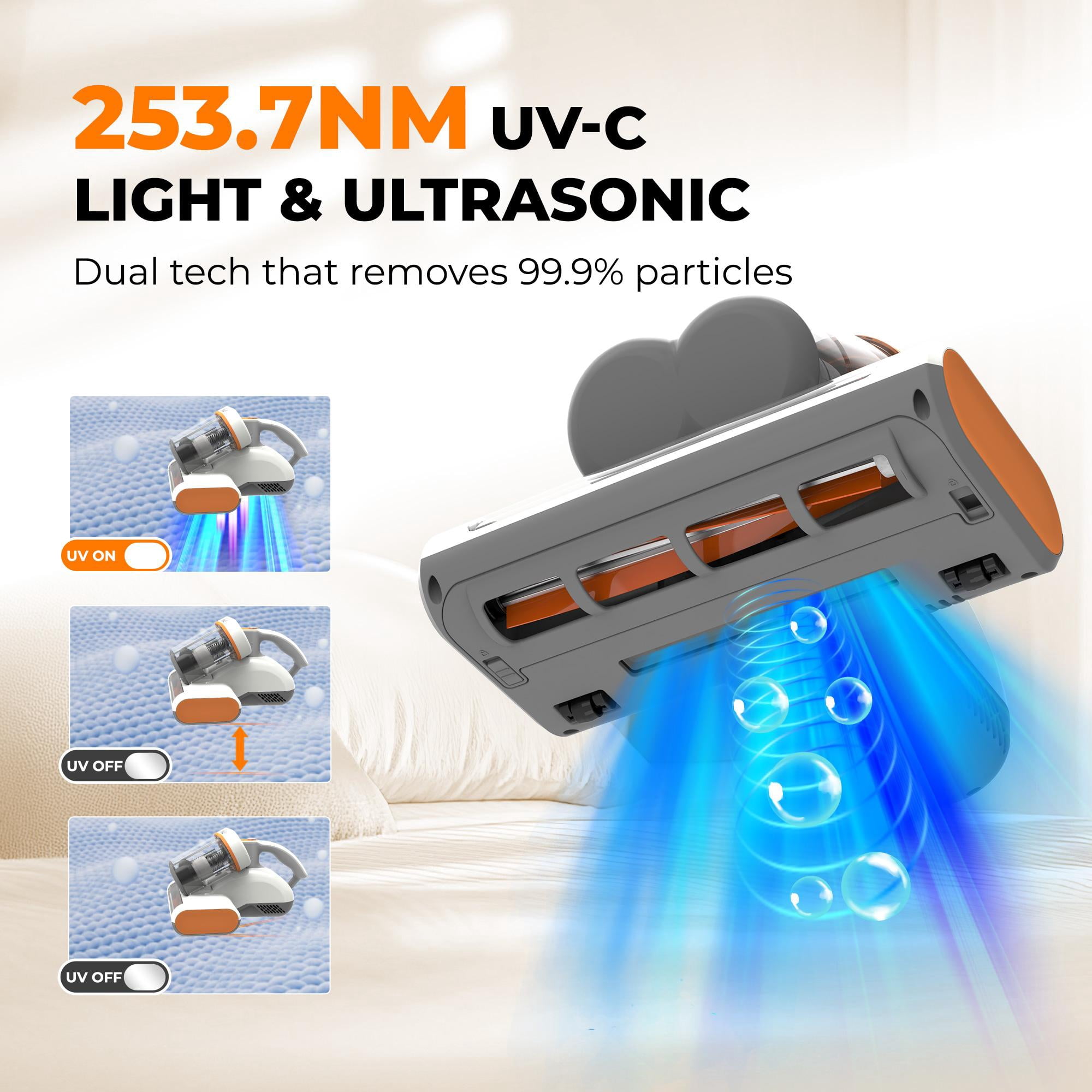 "Rosewill Mattress Vacuum Cleaner: UV-C Light & High Heating Tech, 350W 13Kpa Strong Suction, Deep Cleaning Bed Handheld Vacuums for Sofa/Bed/Pet Hair - Corded (Orange & White) - RHVC-24004OR "