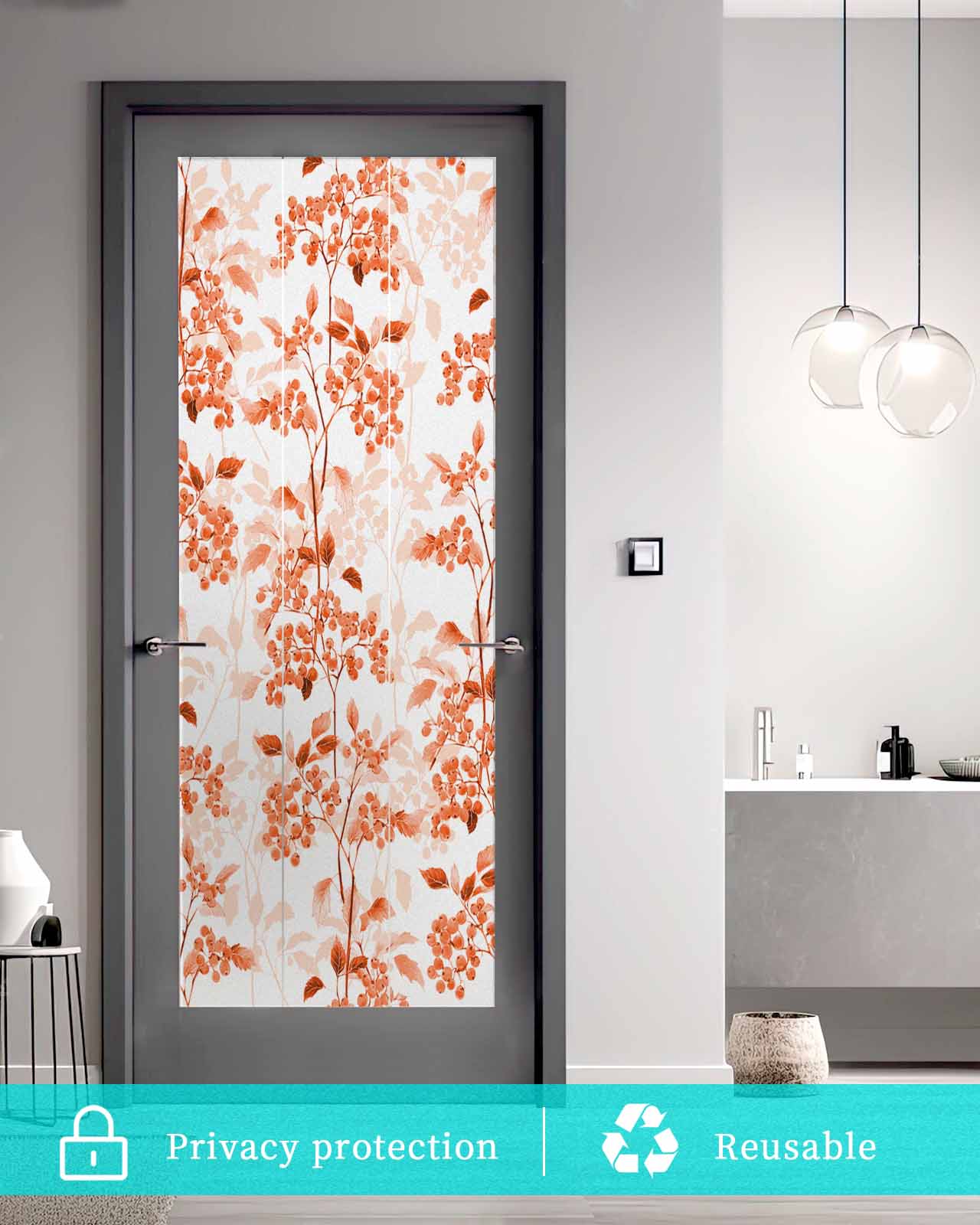 Window Privacy Film Burnt Orange Botanical Stained Glass Window Film Decorative Sun Block Window Cover Vintage Nature Flower Window Clings Static Adhesive Sticker for Bathroom 23.6"x59"