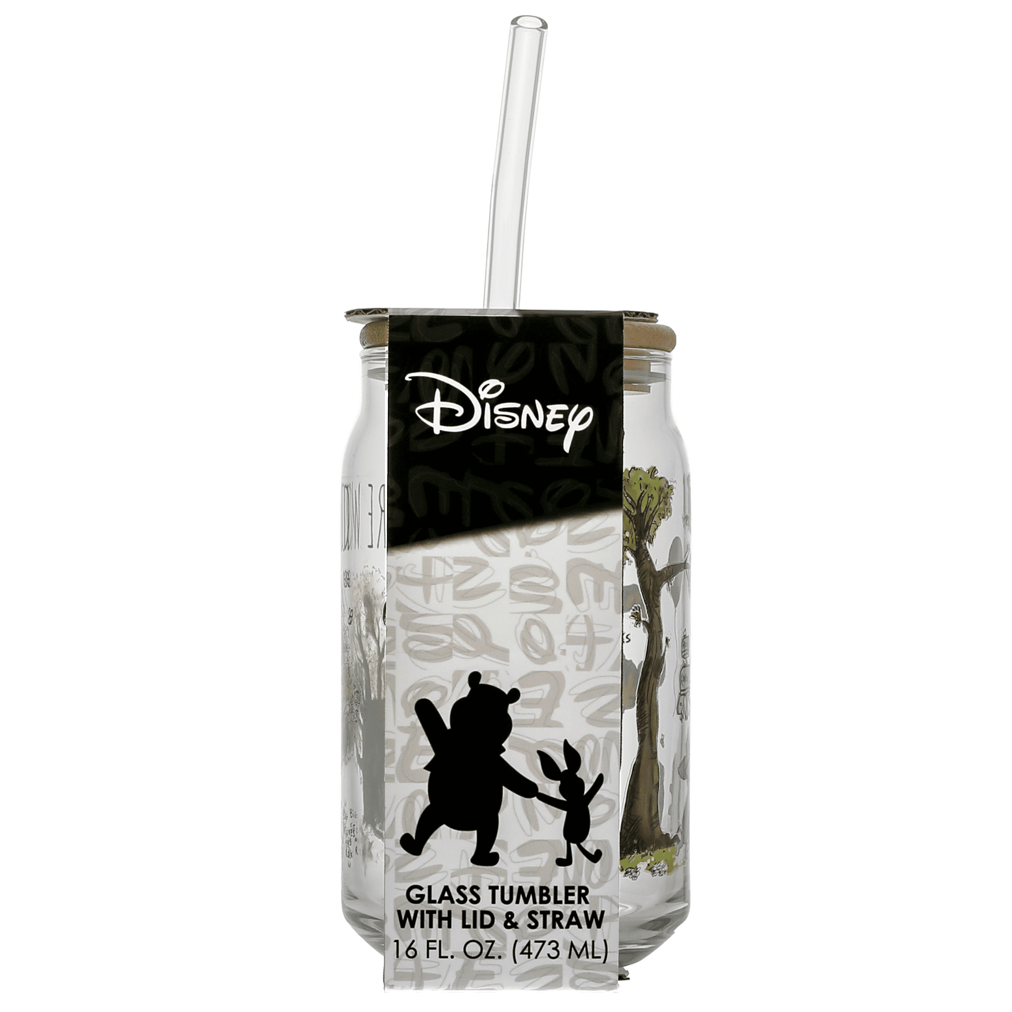 Winnie the Pooh Glass Tumbler with Bamboo Lid and Glass Straw, 16 fl oz