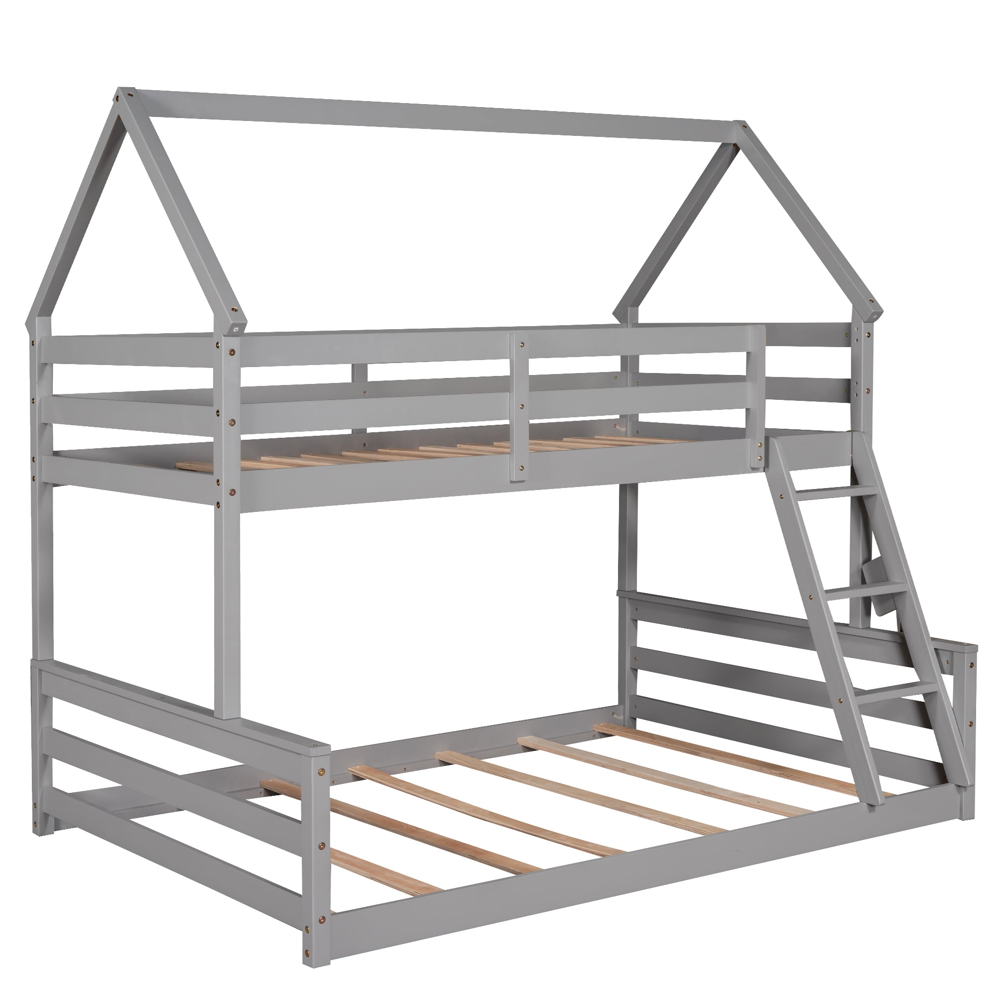Aukfa Twin over Full Bunk Bed, Solid Wood House Bunk Bed for Kids - Gray