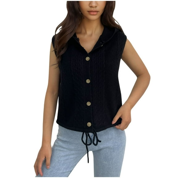 Tbopshirt Women Sweater Vests Casual,Fall Sweaters for Women,Solid Color Sleeveless Knitted Hooded Cardigan Sweater Round Neck Tank Top