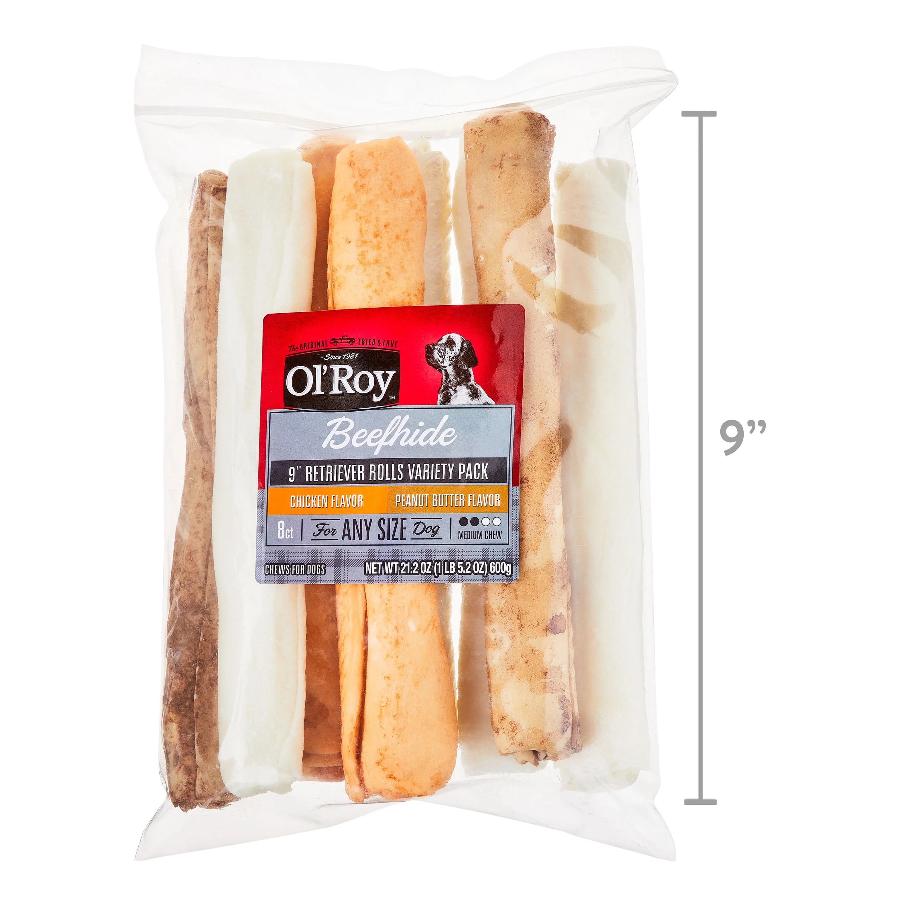 (4 pack) Ol' Roy Rawhide 9-inch Retrievers Multi-Flavored Chews for Dogs, Dry, 21.2 oz, 8 Count