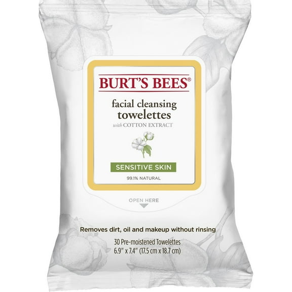 Burt's Bees Sensitive Facial Cleansing Towelettes with Cotton Extract 30 ea (Pack of 6)