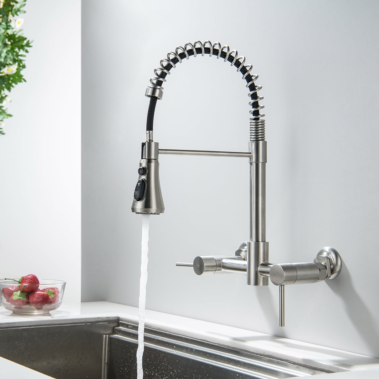 Wall Mount Kitchen Faucet, 8 Inch Center Wall Mount Kitchen Sink Faucet with Pull Down Sprayer Commercial, Brushed Nickel
