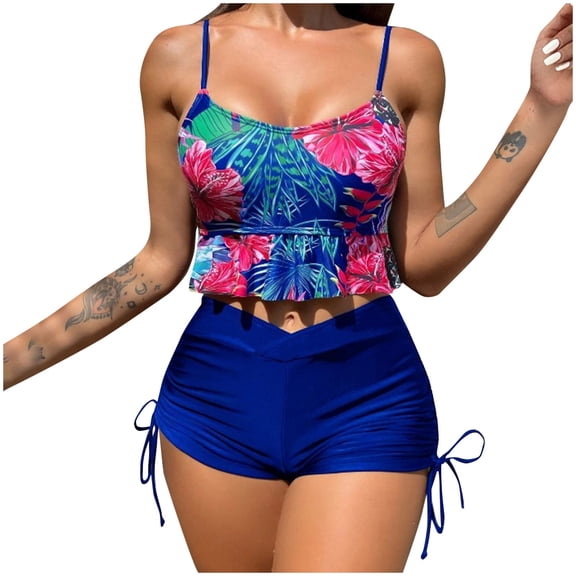 ZQUUVOU Printed Bikini Set for Women Boy Shorts High Waist Tie Side Bottom 2 Piece Swimsuit Set Pool Party Blue