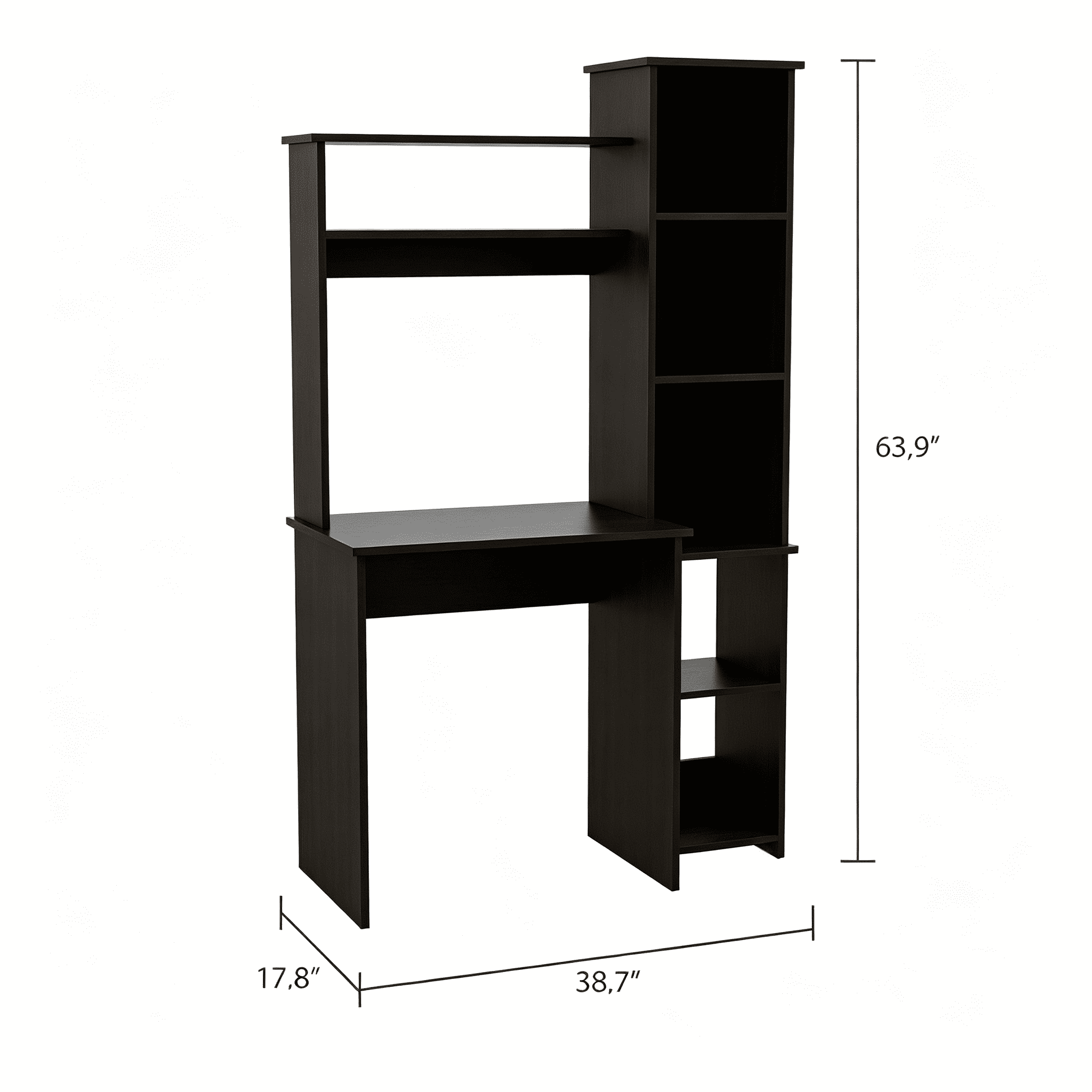 Asteroutdoor Black Desk with Hutch and Five Shelves, 39.7 in Wide, 63.9 in High, Space-Saving Computer Desk with Side Bookcase for Small Rooms