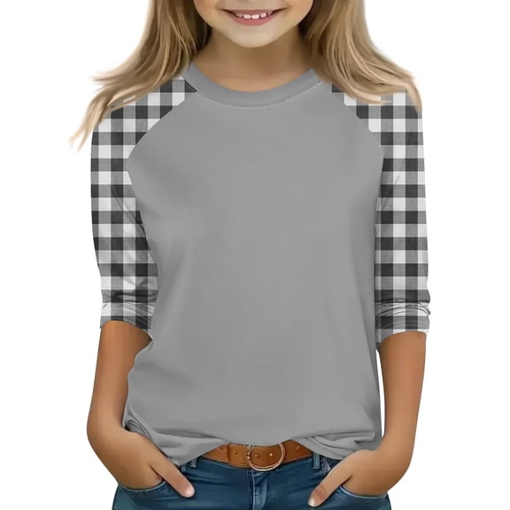Raglan 3/4 Sleeve Shirts for Girls Crew Neck Loose Fit Tops Plaid Print Summer Casual T-Shirts Black 150