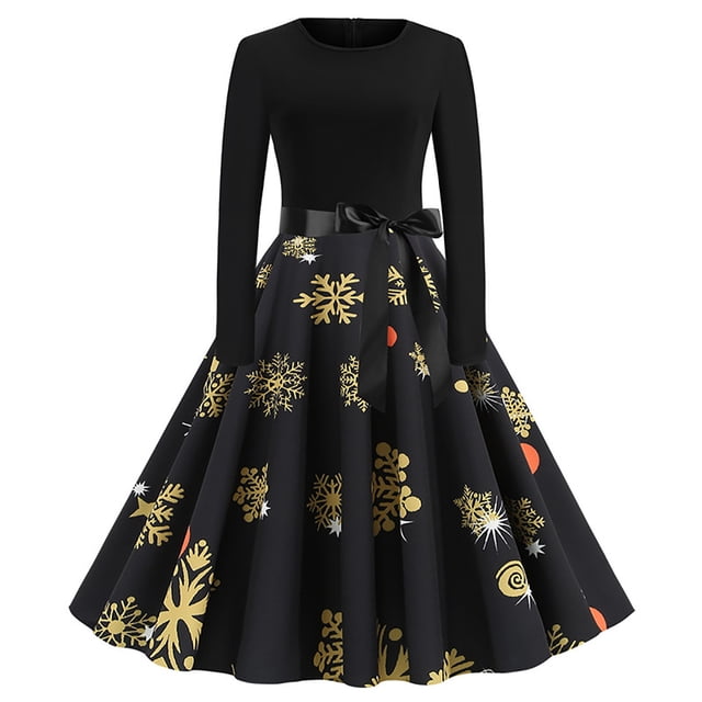 ESSSUT Économies d'Été Liquidation Noël Femmes Robe Vintage Patchwork Imprimé Rétro Manches Longues Soirée Col Rond Fermeture Éclair Fête Bal Noir TTG