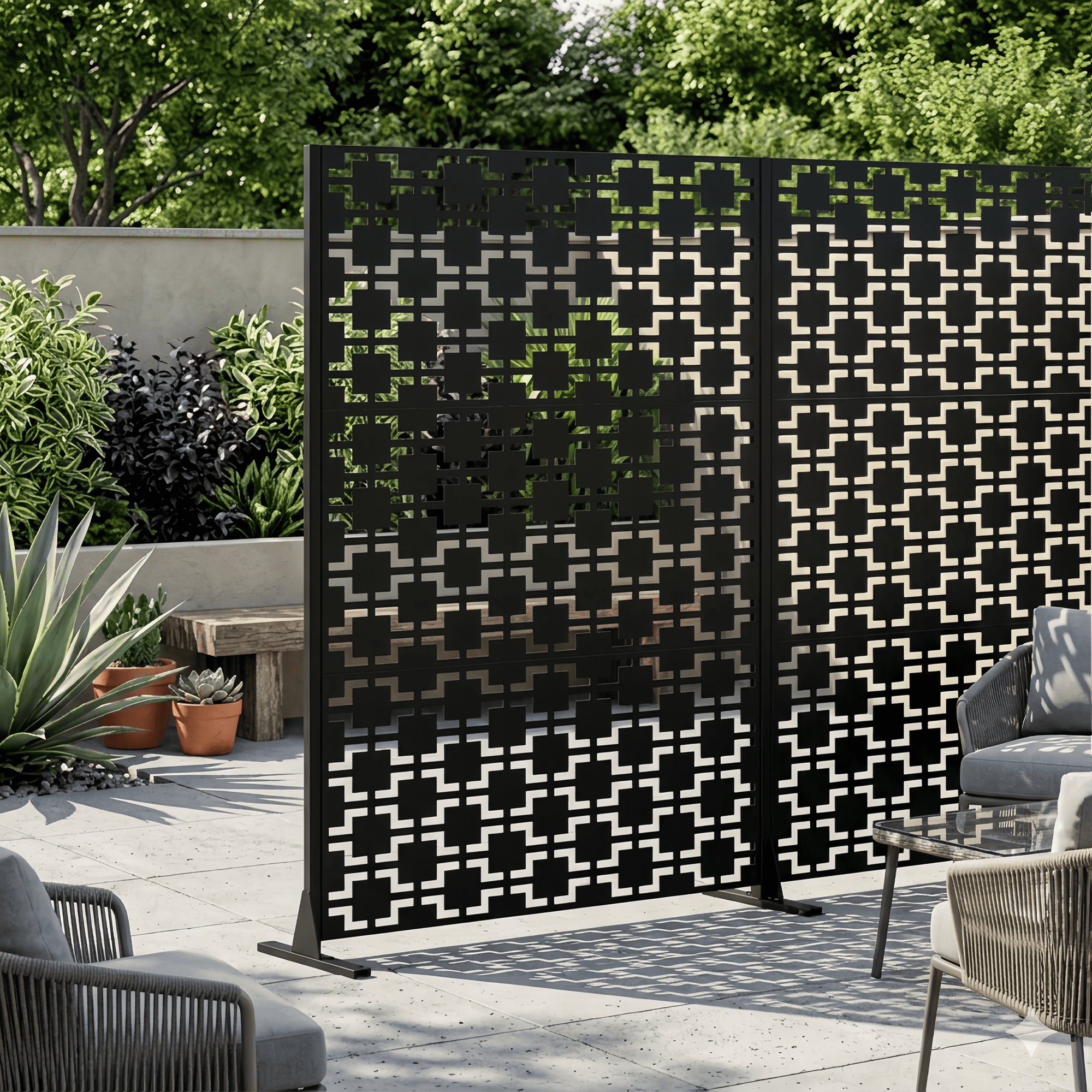 Outdoor Privacy Screen, 72x46 Inch Freestanding Metal Fence for Garden Backyard Patio Decor, Black