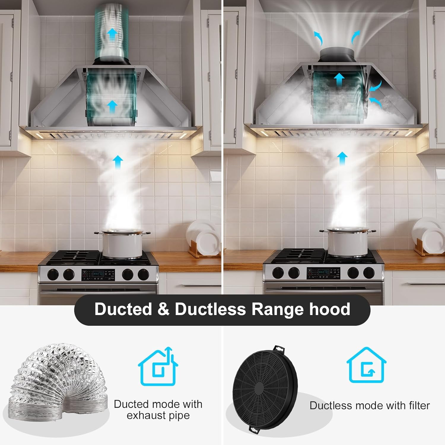 Range Hood Insert 30 Inch, 900 CFM Smart Voice/Gesture/Touch Control, 4 Speed Exhaust Fan, Stainless Steel Kitchen Hood with Charcoal Filter, Ducted/Ductless Convertible