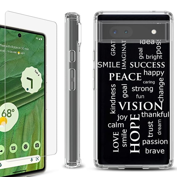 Shockproof Bumper Phone Case for Google Pixel 6a, with Tempered Glass Screen Protector, by OneToughShield ® - Positive Words