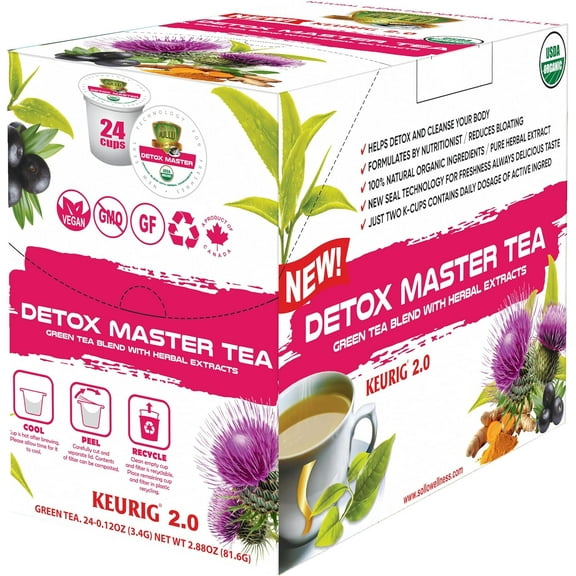 SOLLO Detox Green Tea Pods with Milk Thistle, Acai, Vitamins & Ginger | Slimming & Cleansing Formula with Herbal Extracts, Compatible with Keurig 2.0 Brewers, 24 K-Cup
