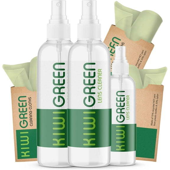 Kiwi Green Eyeglass Lens Cleaner Spray Kit | 3X Lens Cleaner   3X Microfiber Cloth | Alcohol Free Eyeglasses, Screen Cleaning Kit | USA Made (6 Piece Set)