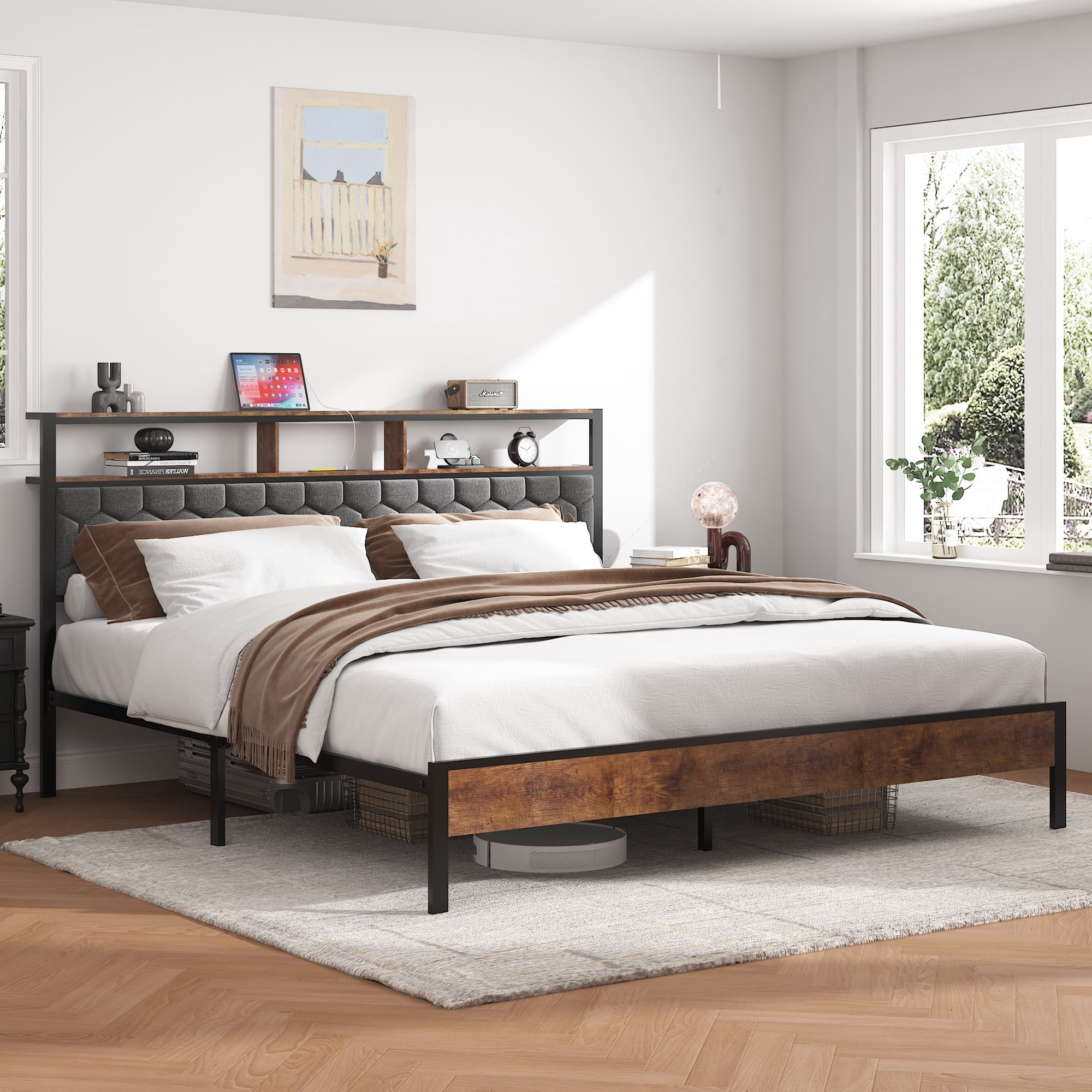 Yoneston King Size Bed Frame with Upholstered Storage Headboard and USB Charging, Retro Metal Platform Bed Frame with Under-Bed Storage Noise Free for Bedroom, Brown