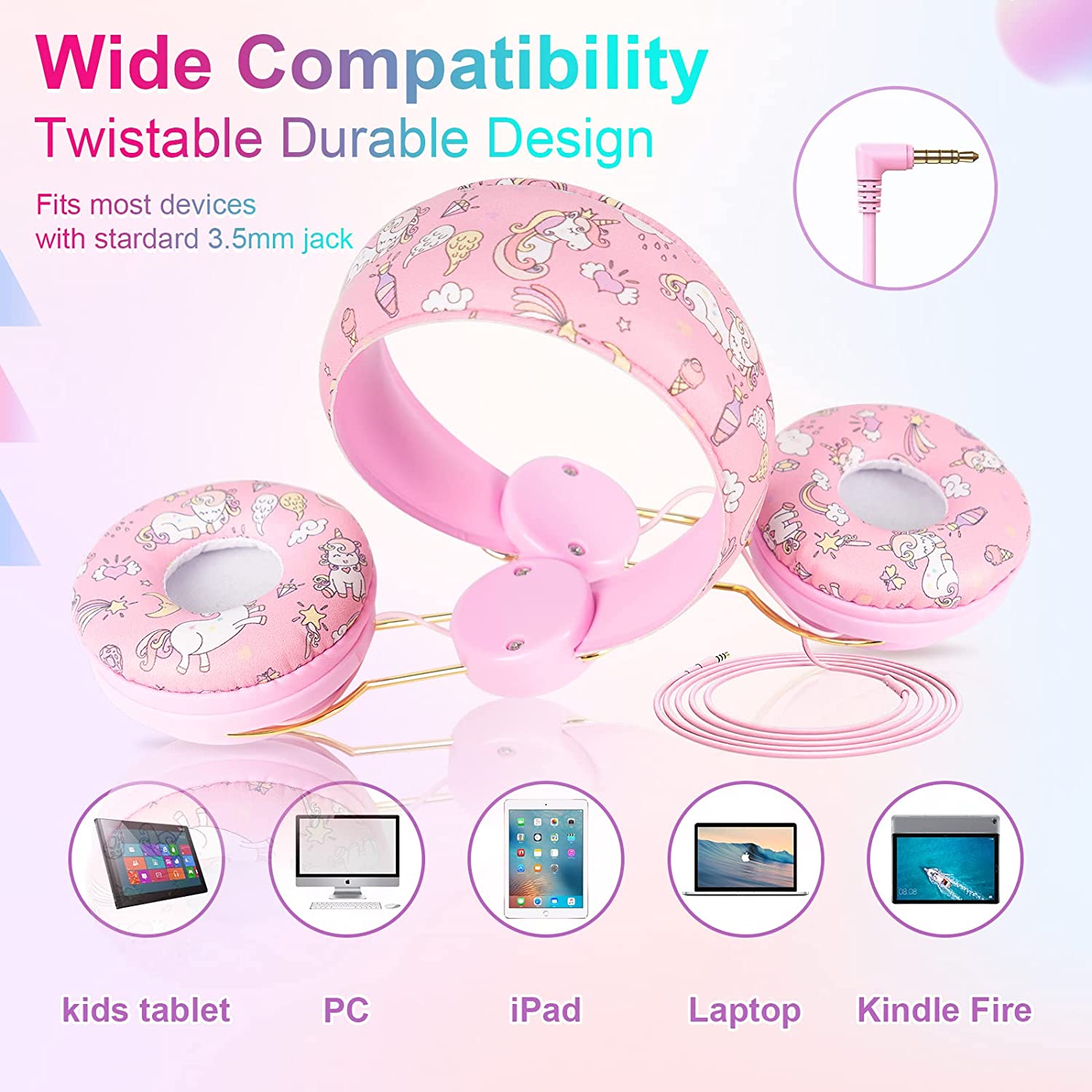 TCJJ Unicorn Kids Wired Headphones with Volume Limiting, Pink photo 6