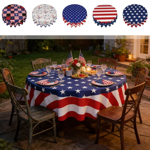4th of July Patriotic Star Round Tablecloth, Red White Blue Printed Oil & Stain Resistant Waterproof, Wrinkle-Free for Independence Day Kitchen Party Dining Decor, D