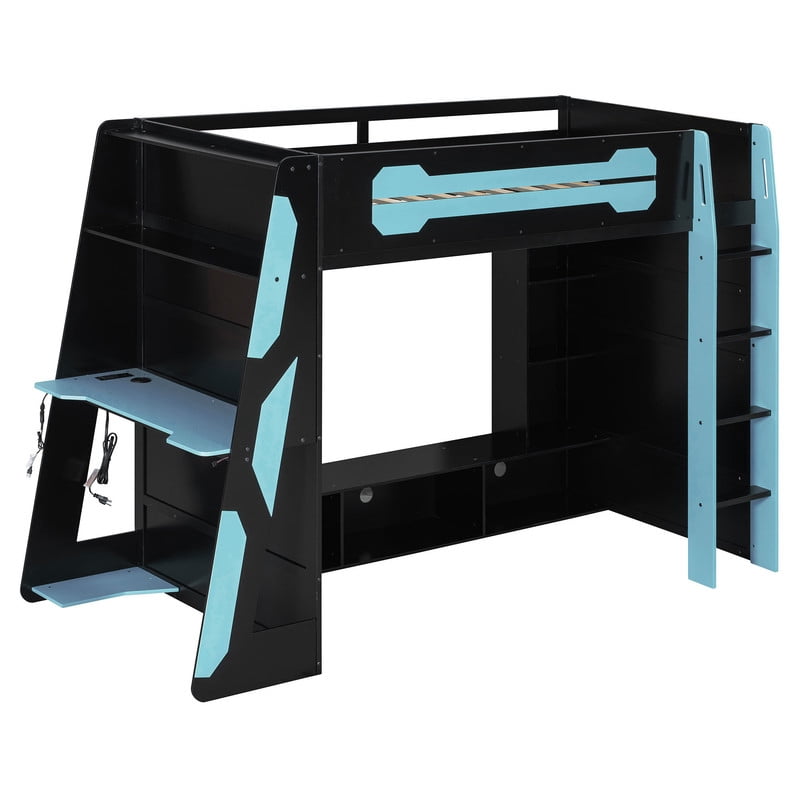 Twin Size Gaming Loft Bed with Desk and RGB LED Light, Wooden Loft Bed Frame with Workstation and Storage Shelves for Bedroom, Dorm Room