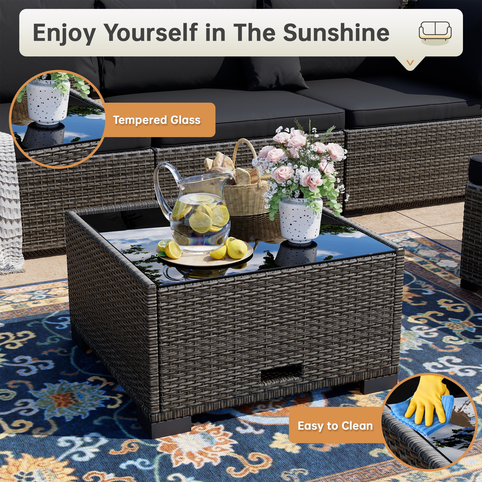 LHBcraft 7-Piece Outdoor Patio Furniture Set, All-Weather PE Rattan Sectional Sofa with Cushions and Coffee Table