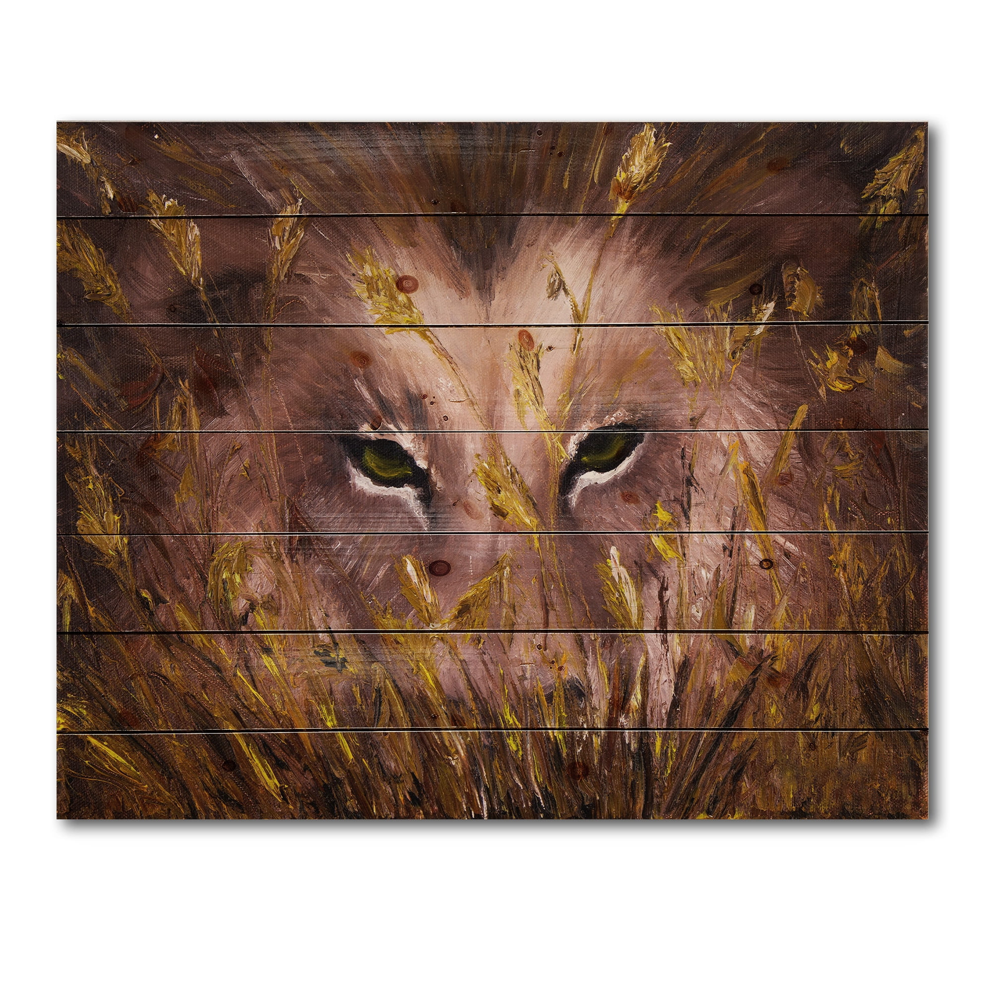 Designart 'Close Up Of Wolf Eyes In The Grass' Farmhouse Print on Natural Pine Wood