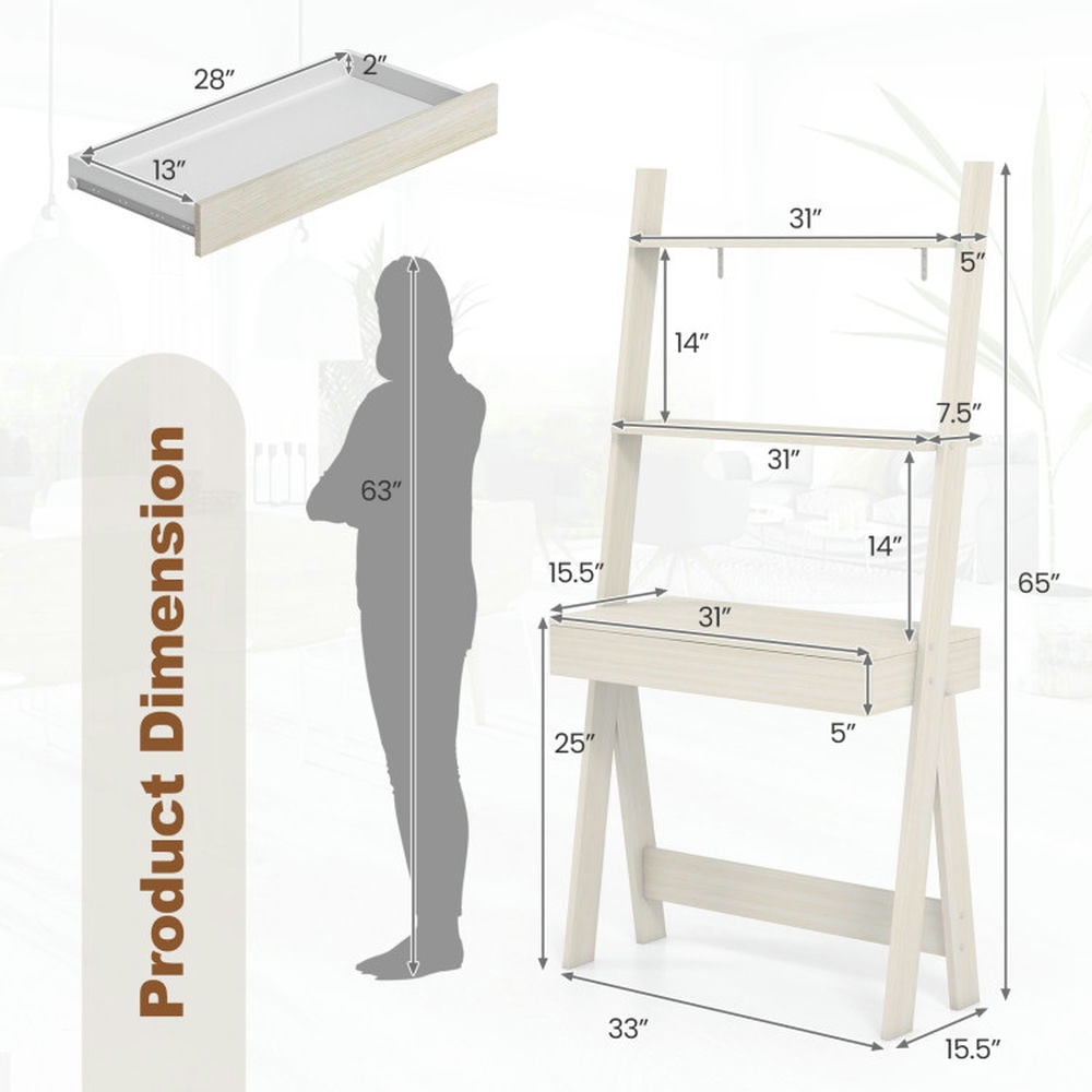 Demi Bonn 3-Tier Ladder Bookshelf, Desk Bookcase with Countertop Drawer and 2 Shelves, White