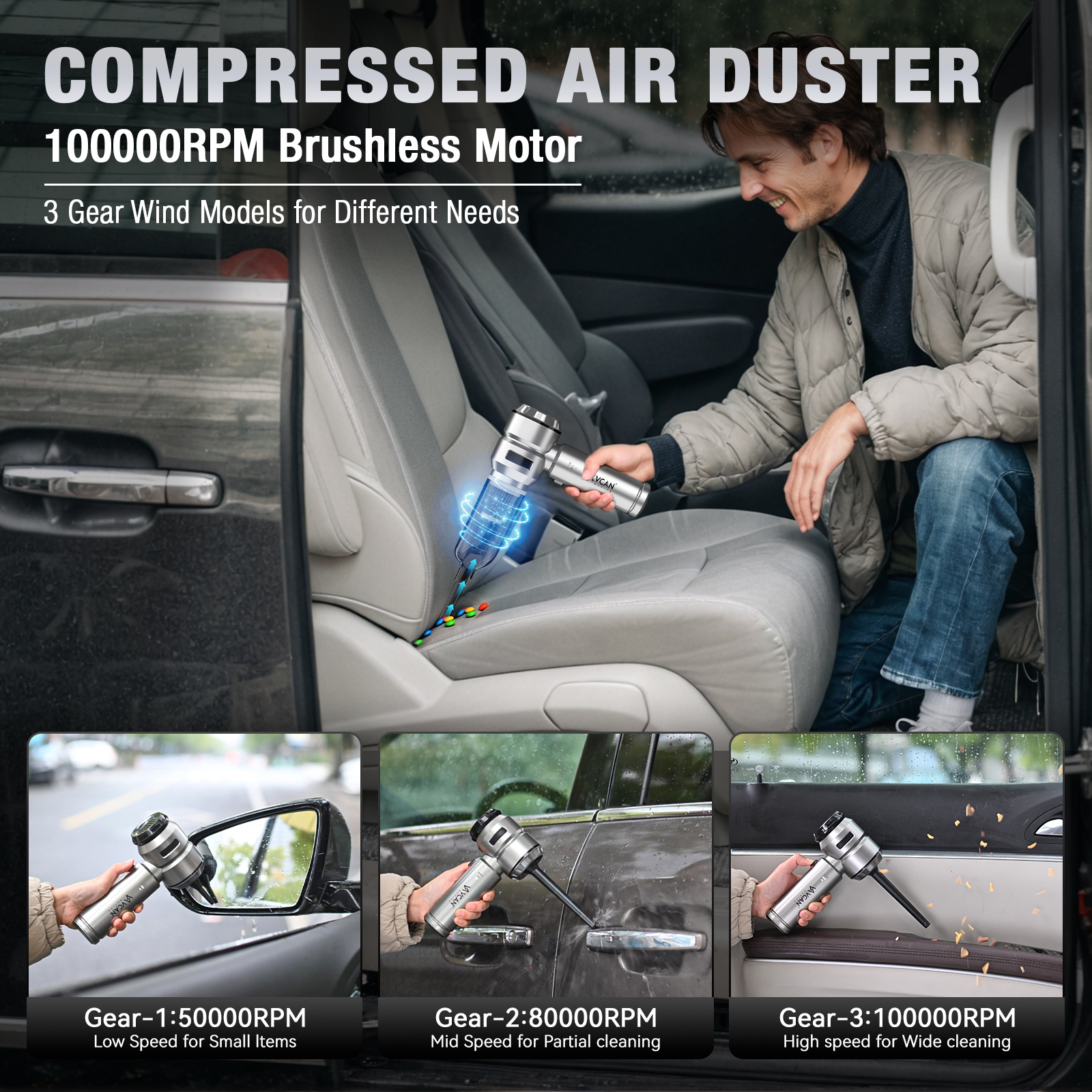 VCAN ACTIVE Car Vacuum Cleaner, High Power 18000PA, 40 Mins Runtime, Mini 4-in-1 (Compressed Air Duster, Blower, Pump) Handheld Cordless with Brushless Motor for Car, Home, Office