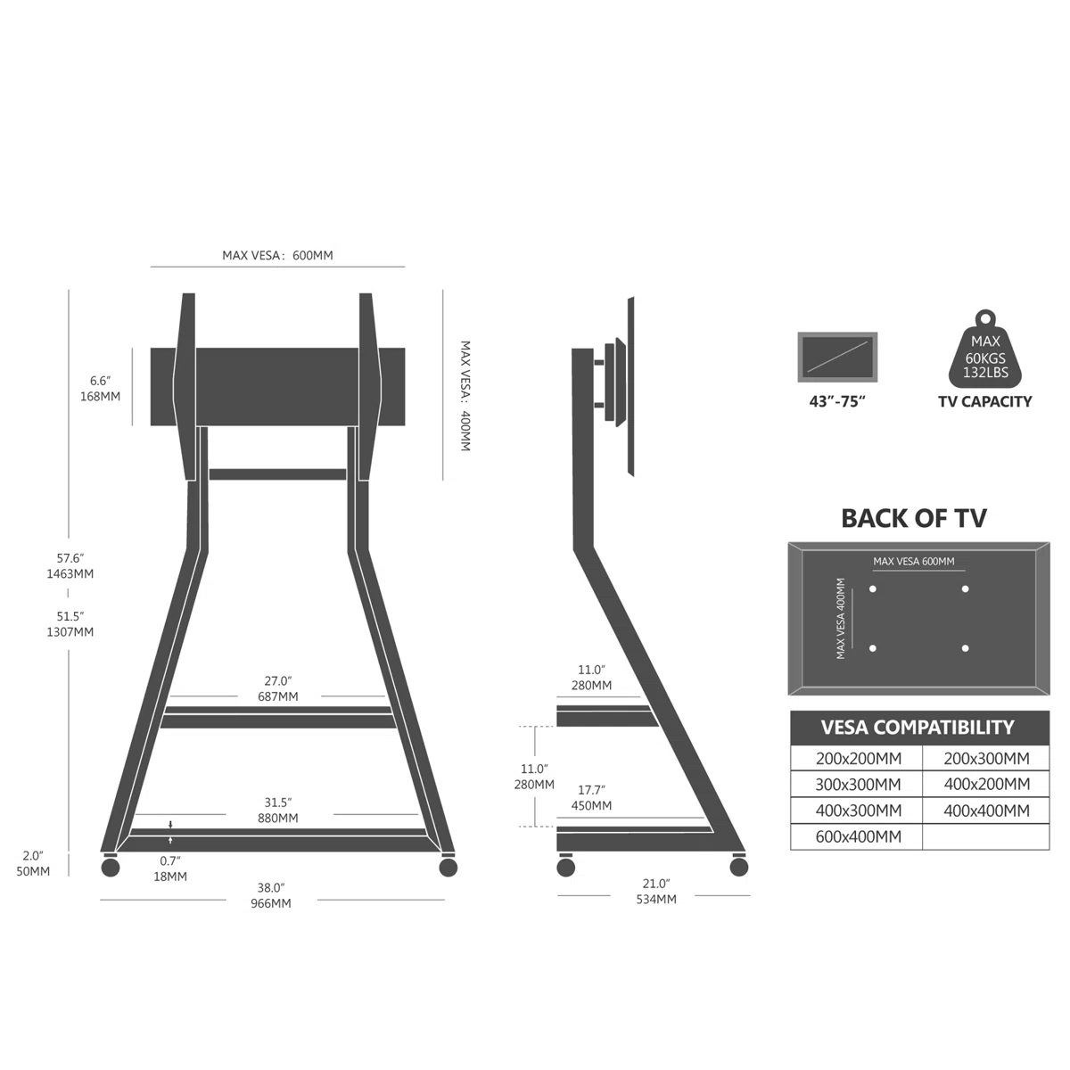 FITUEYES Eiffel Series Rolling Corner TV Stand for 43–75 Inch TVs, Black