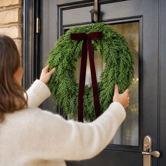 Christmas Wreath 18 Inch with Red Velvet Bow, Festive Door Decor for Farmhouse Home, Holiday Gift