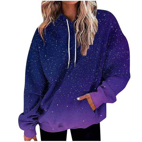 Hueook Sweatshirts for Women Women's Fall and Winter Gradient Print Hooded Sweatshirt Long Top Long Sleeved Pocket Dark Blue 2X