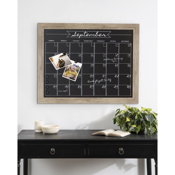 DesignOvation Beatrice Framed Magnetic Chalkboard Monthly Calendar, 23 x 29, Rustic Brown, Modern Rectangle Chalkboard with Four Round Magnets for Living Room or Entryway Decor