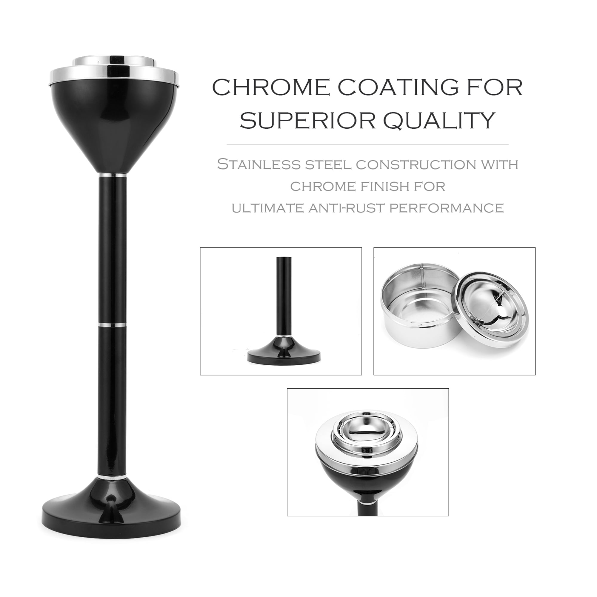 Contemporary 2 Piece Design Standing Ashtray Height Adjustable Chrome Black Finish 24" Or 16.50" Height Adjustable