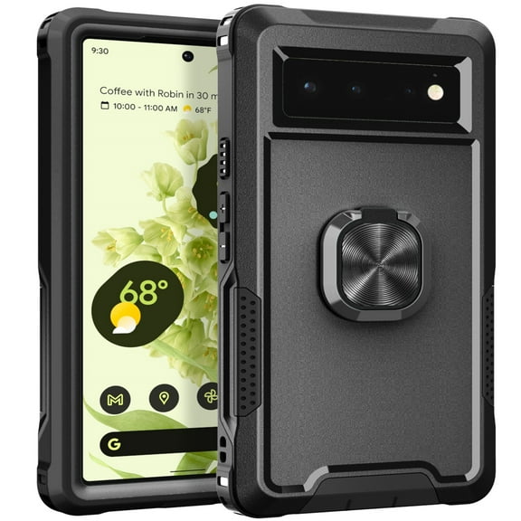 SaniMore for Google Pixel 6 6.4" Magnetic Case, Rugged PC & TPU Bumpers with Car Mount & Ring Kickstand Heavy Duty Full Body Protective Case for Google Pixel 6 Women Men, Black
