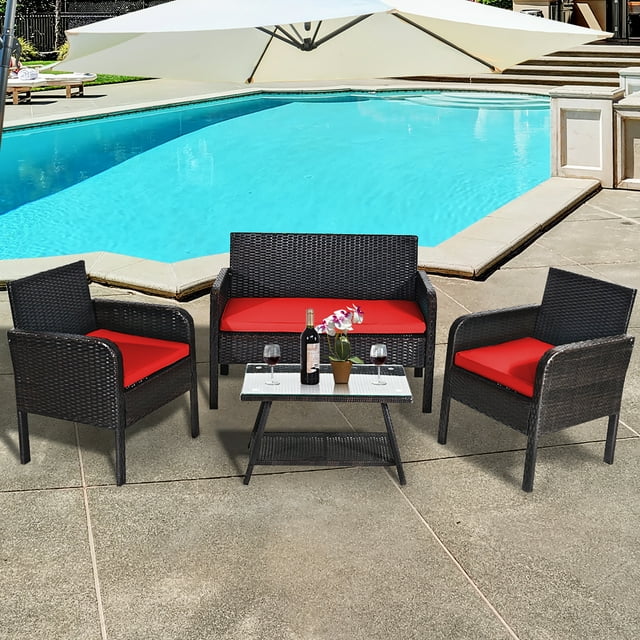 Costway 4PCS Patio Rotin Osier Meubles Ensemble Conversation Canapé Banc Coussiné Rouge
