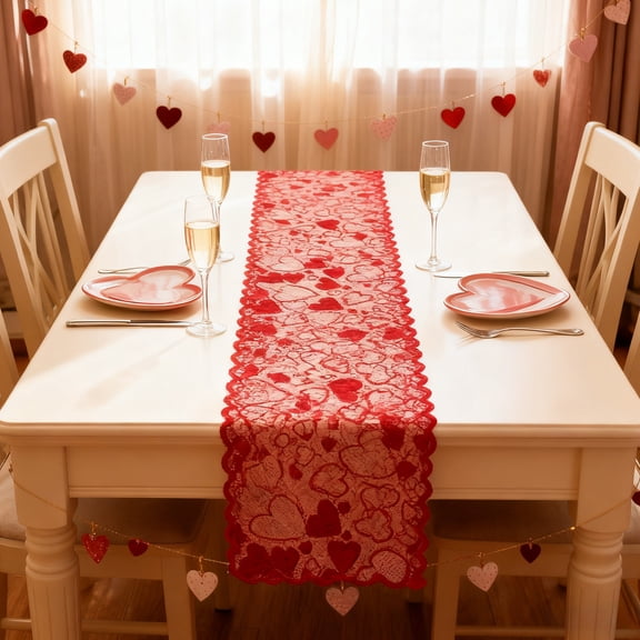 Valentine's Day Table Runner 36.61x12.99 Inches Embroidered Red Love Heart-Shaped Lace Table Decoration Runner for Wedding Dinner Anniversary Christmas Party