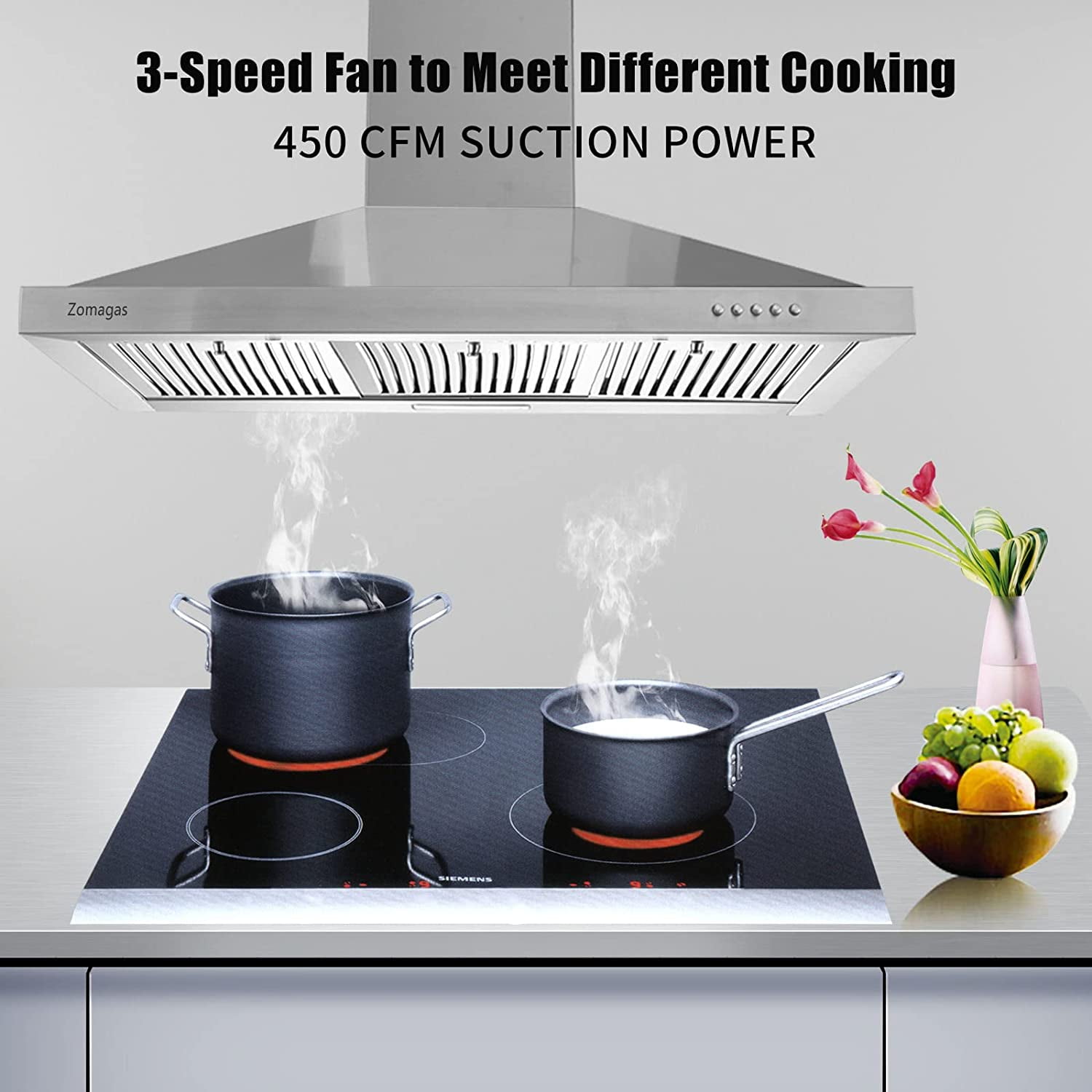 Range Hood 36-inch Wall Mount Vent Hood Stainless Steel Ducted/Ductless 3 Speed Exhaust Fan