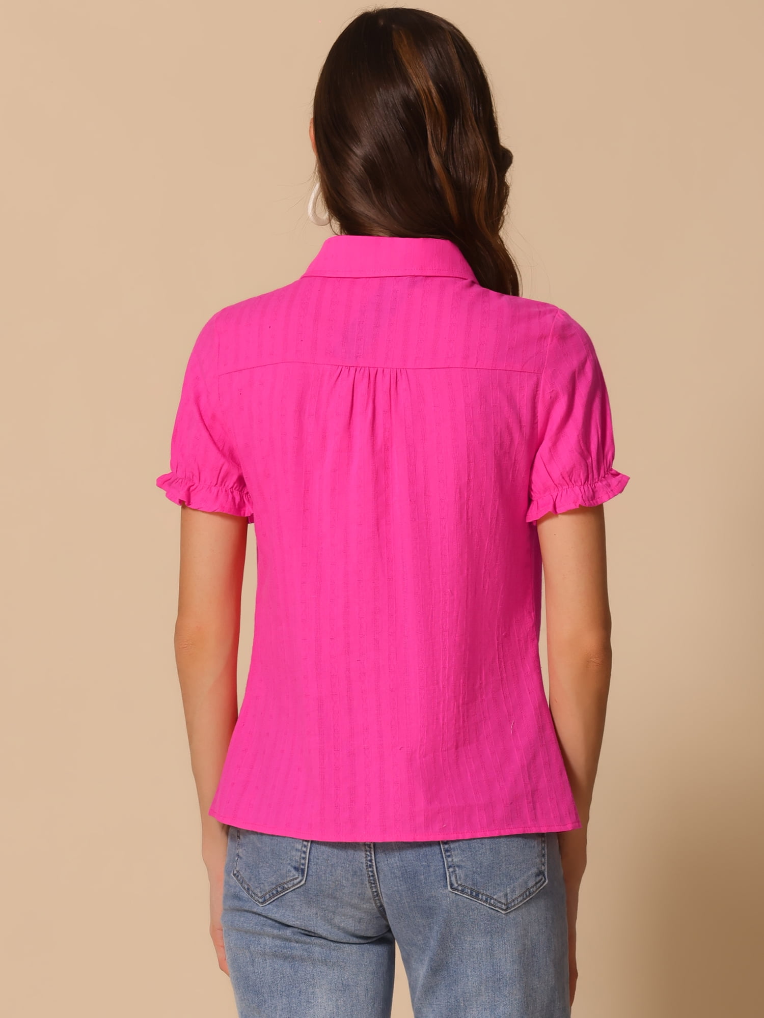 DARING DIVA Women's Cotton Frilled Top Turndown Collar Solid Blouse S Hot Pink