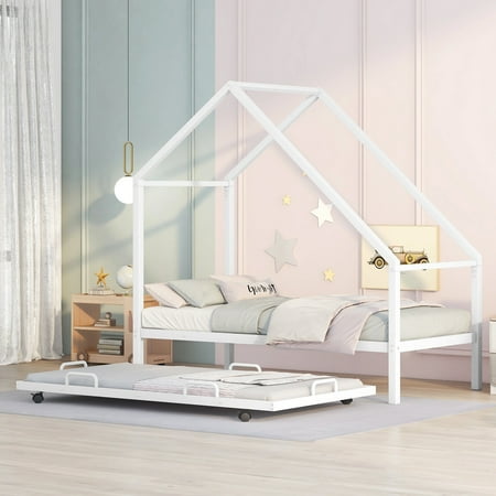 iRerts Twin Size House Platform Bed Frame with Trundle  Twin Metal Bed Frame for Kids Boys Girls  House Platform Bed frame Twin with Metal Slats  Kids Twin Bed Frame No Box Spring Needed  White