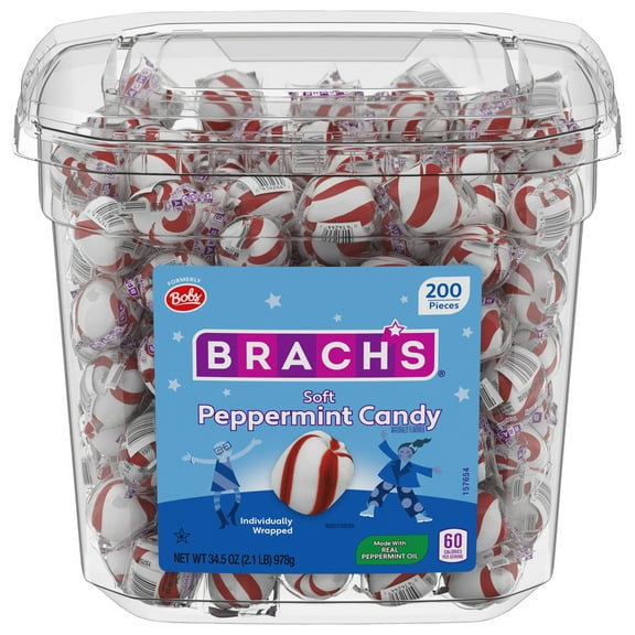 Brach's Soft Peppermint, Candy, Individually Wrapped, Made With Real Peppermint Oil, 34.5 oz Tub, 200 Count