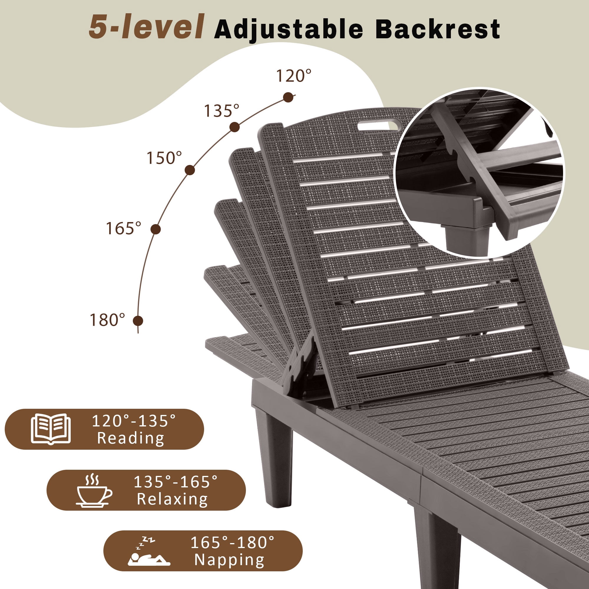 SEGMART Outdoor Lounge Chairs Set of 2, Adjustable Patio Chaise Lounges, Lounger Recliner for Poolside, Backyard, Porch, Quick Assembly, Easy Carrying, Waterproof, 440lb Capacity - Dark Brown
