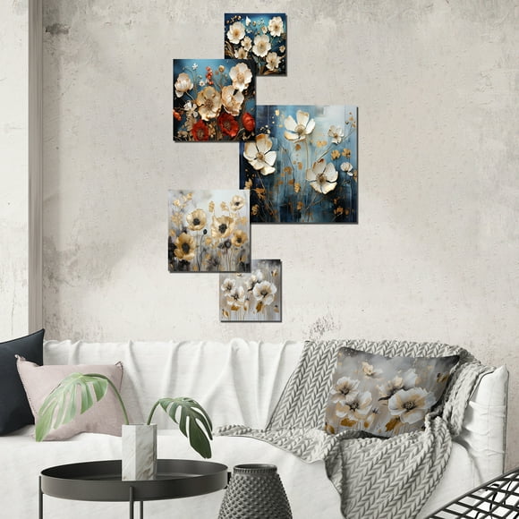 Designart "Dreaming Of Remembrance Poppies" Flower Field Wall Art Set Of 5 - Beige Traditional For Bedroom Wall Art Set