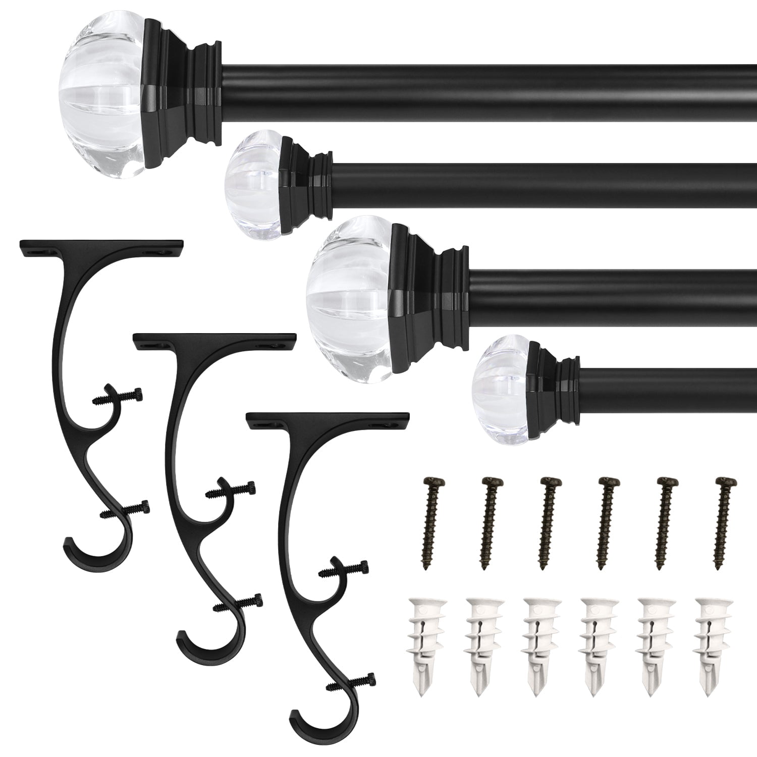 Lumi 72 in. - 144 in. Telescoping 1 in. Double Curtin Rod Kit in Black with Crystal Square Finials