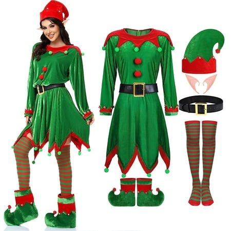 6 Pack Women Elf Costume Set Christmas Outfits Hat Boot Belt Dress Stocking Festive Cosplay Suits