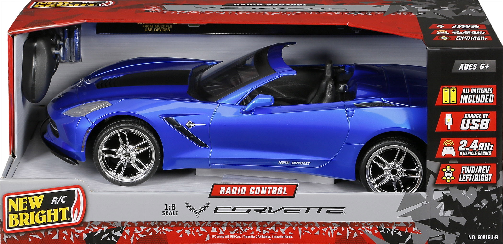 New Bright (1:8) Corvette Battery Radio Control Blue Sports Car, 60816U-B Child