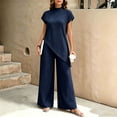 thumbnail image 6 of Lounge Set Summer Casual Oversized Shirts Women Spring And Summer Solid Color Irregular Tops Wide-Leg Pants Suit Navy S, 6 of 6