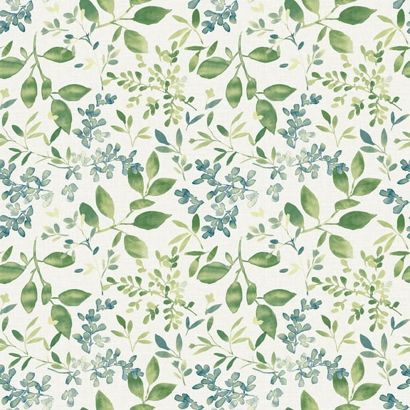 3122-11104 Tinker Green Woodland Botanical Wallpaper with Painted Leafy Branches in Green Blue Off White Colors Farmhouse Style Prepasted Acrylic Coated Paper