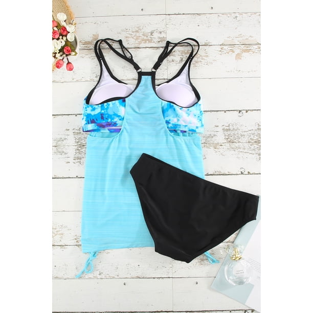 ABPHQTO Traje de baño tankini con forro estampado floral azul leopardo azul cielo para mujer