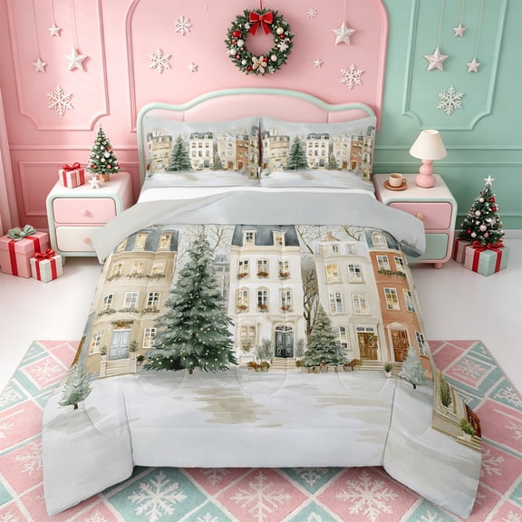 Erosebridal Winter Village Full Size Comforter Sets,Cozy Christmas Scene Bedding Comforter Set,3pcs,1 Comforter and 2 Pillowcases,Light Gray Reversible