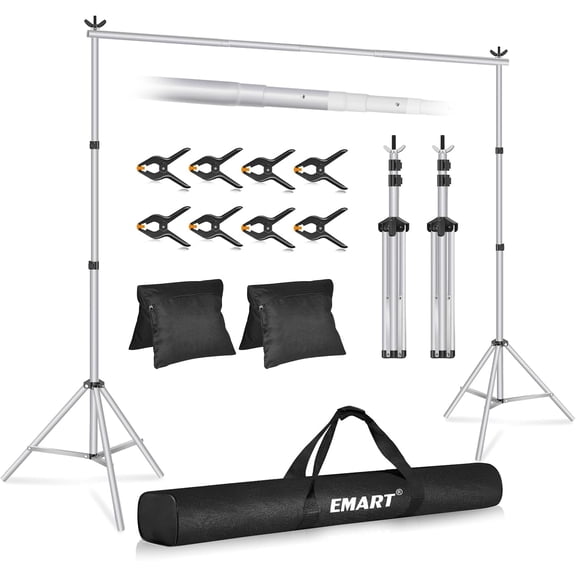 EMART 10x7ft Backdrop Stand, Adjustable Photo Studio Support kit with 2 Crossbars, 8 Clamps, 2 Sandbags and Carry Bag for Parties, Events Decoration, Wedding, Photography -Silver