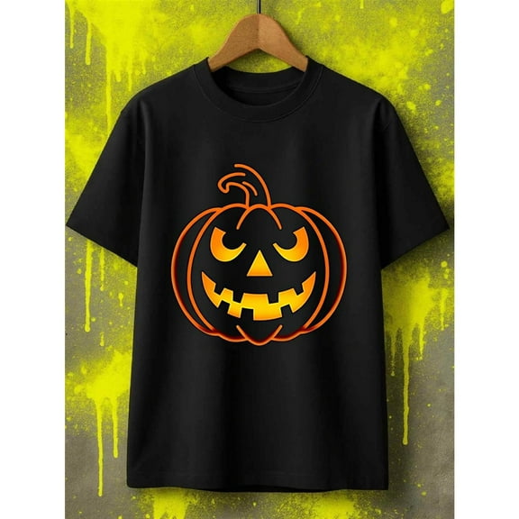 Men's Halloween Pumpkin Face Graphic T-Shirt, Glowing Eyes, Sharp Teeth Print, Loose Fit Streetwear, Halloween Parties & Casual Wear，Fashion，cotton，black，S-5XL