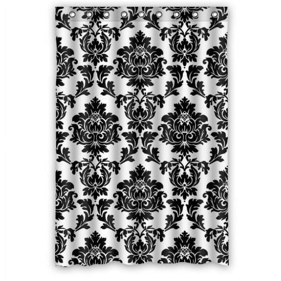 GreenDecor Black And White Damask Waterproof Shower Curtain Set with Hooks Bathroom Accessories Size 48x72 inches