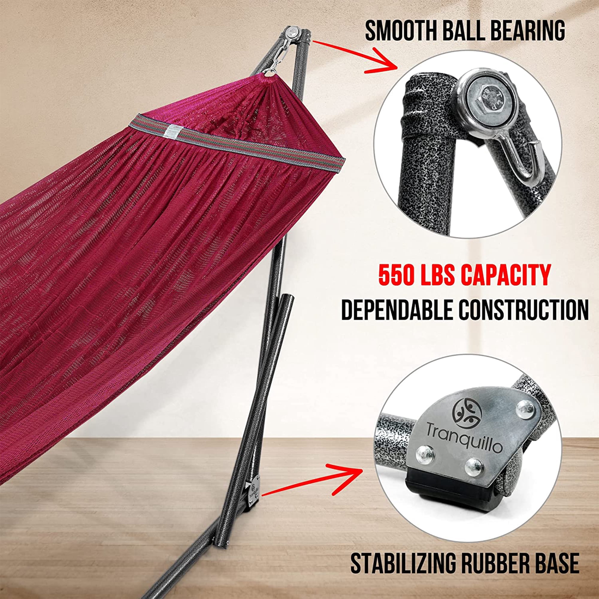 Tranquillo Universal 106.5" Double Hammock with Adjustable Stand & Bag, Red